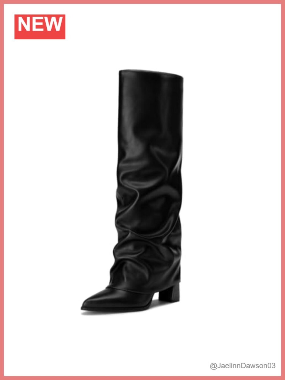 Knee High Boots Chunky Heel Fold Over Pointed Toe Faux Leather